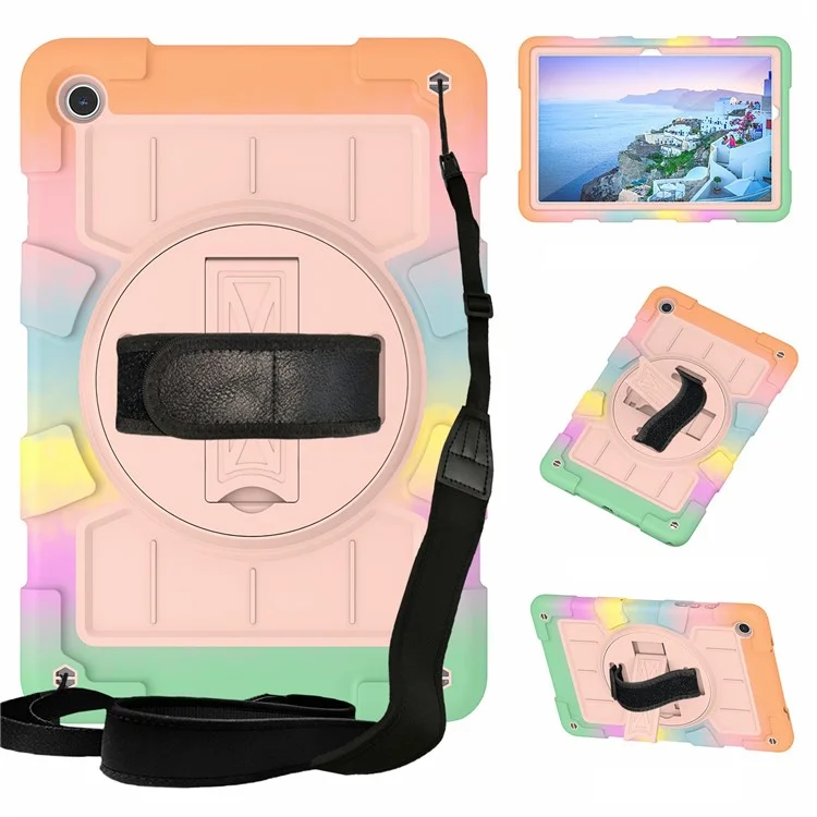 For Samsung Galaxy Tab A9+ Rugged Kickstand Cover TPU+PC Tablet Case with Shoulder Strap - Colorful Gold