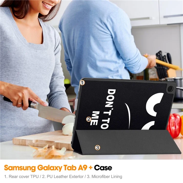 For Samsung Galaxy Tab A9+ Case Pattern Printing PU Leather Tri-Fold Stand Cover with Pen Slot - Don't Touch Me