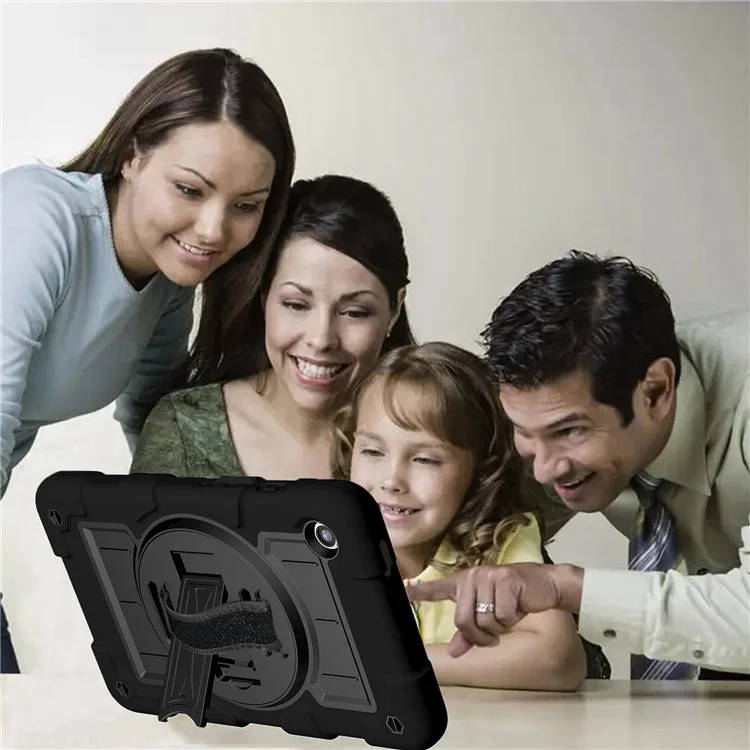 Pour Samsung Galaxy Tab A9 Étui PC+TPU Rotary Main Band Support avec Bandoulière - Noir