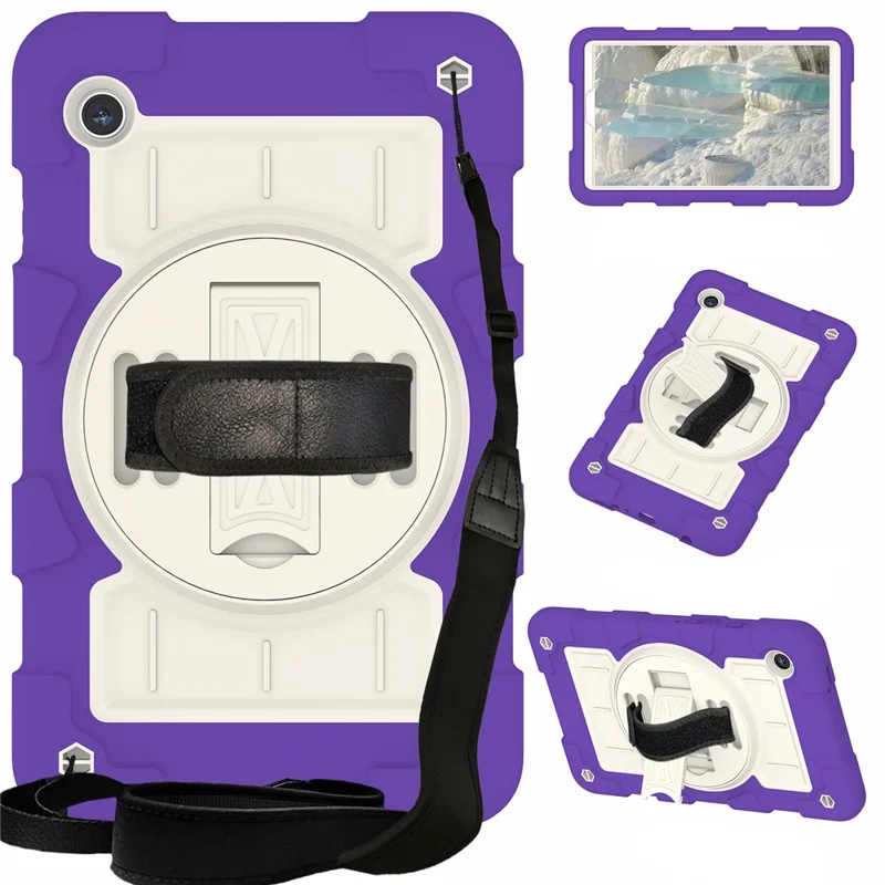 Für Samsung Galaxy Tab A9 Hülle PC+TPU Rotary Hand Band Kickstand Cover mit Tragegurt - Lila