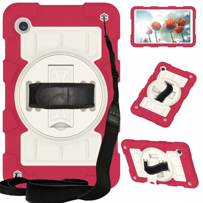 Pour Samsung Galaxy Tab A9 Étui PC+TPU Rotary Main Bande Support avec Sangle d'Épaule - Rouge