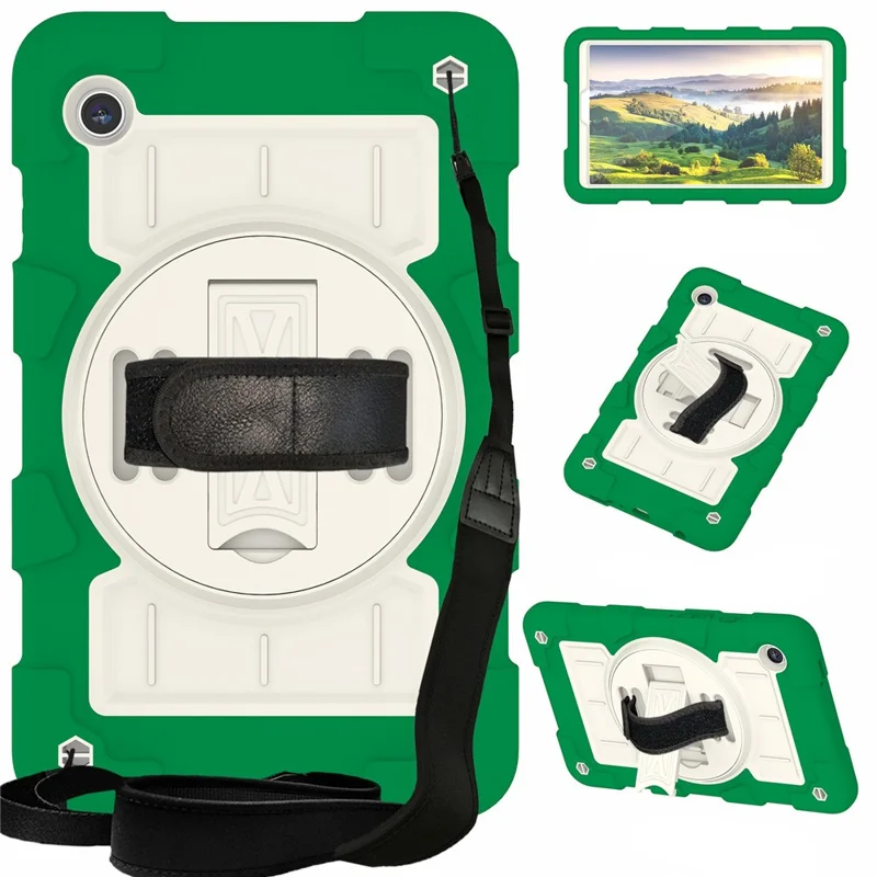 For Samsung Galaxy Tab A9 Case PC+TPU Rotary Hand Band Kickstand Cover with Shoulder Strap - Green