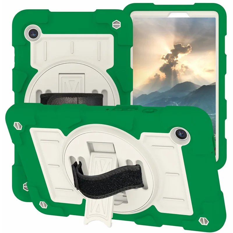 For Samsung Galaxy Tab A9 Case PC+TPU Rotary Hand Band Kickstand Cover with Shoulder Strap - Green