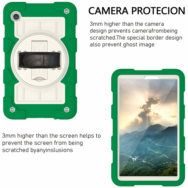 For Samsung Galaxy Tab A9 Case PC+TPU Rotary Hand Band Kickstand Cover with Shoulder Strap - Green