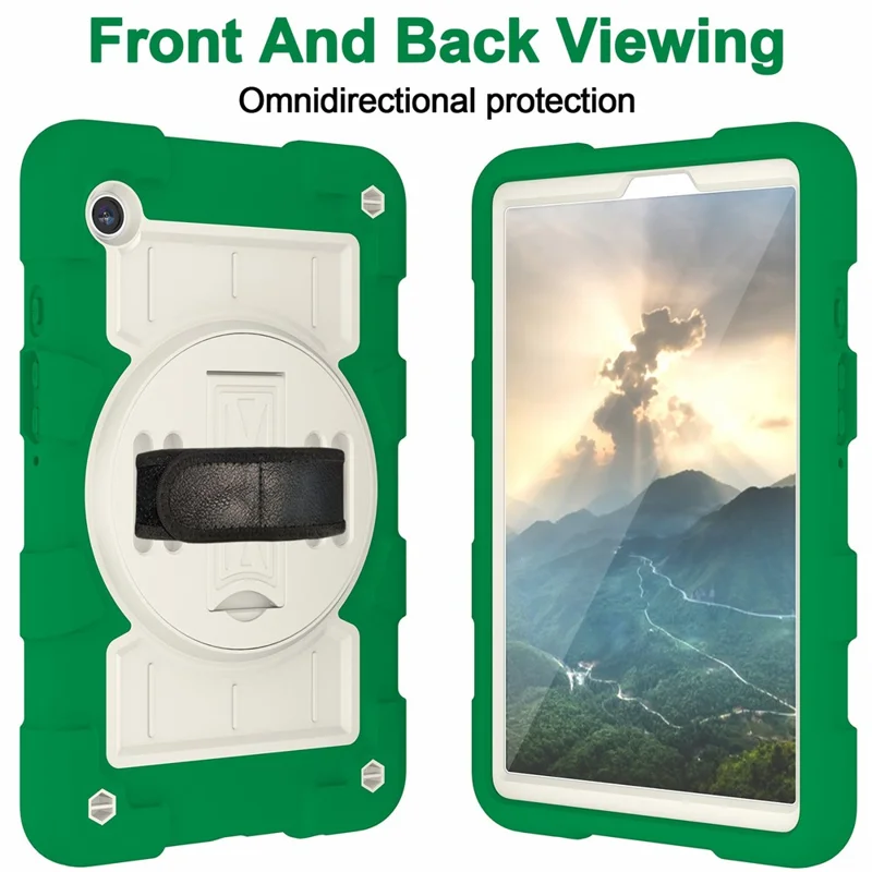 For Samsung Galaxy Tab A9 Case PC+TPU Rotary Hand Band Kickstand Cover with Shoulder Strap - Green