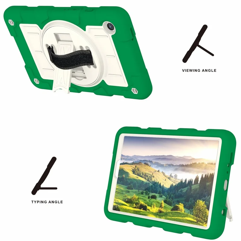 For Samsung Galaxy Tab A9 Case PC+TPU Rotary Hand Band Kickstand Cover with Shoulder Strap - Green