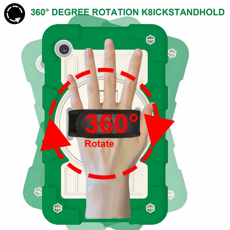 For Samsung Galaxy Tab A9 Case PC+TPU Rotary Hand Band Kickstand Cover with Shoulder Strap - Green