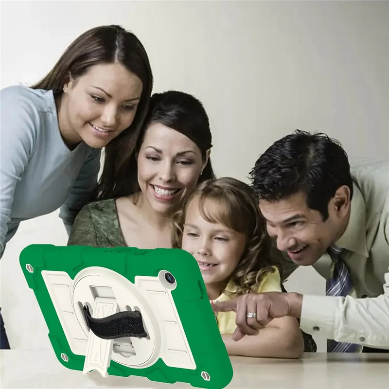 For Samsung Galaxy Tab A9 Case PC+TPU Rotary Hand Band Kickstand Cover with Shoulder Strap - Green