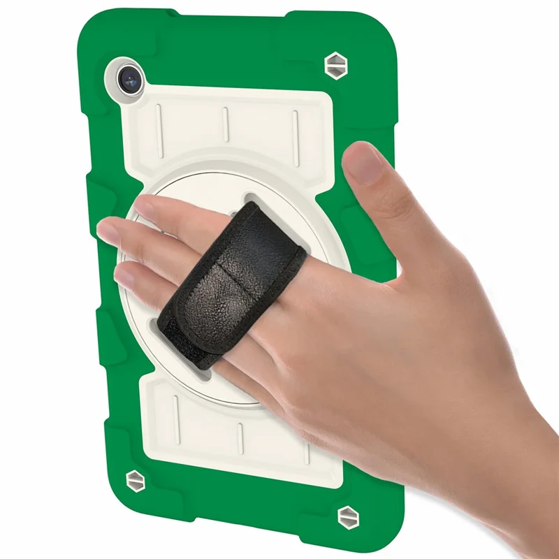 For Samsung Galaxy Tab A9 Case PC+TPU Rotary Hand Band Kickstand Cover with Shoulder Strap - Green