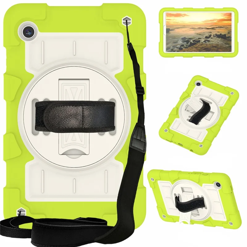 For Samsung Galaxy Tab A9 Case PC+TPU Rotary Hand Band Kickstand Cover with Shoulder Strap - Yellowgreen