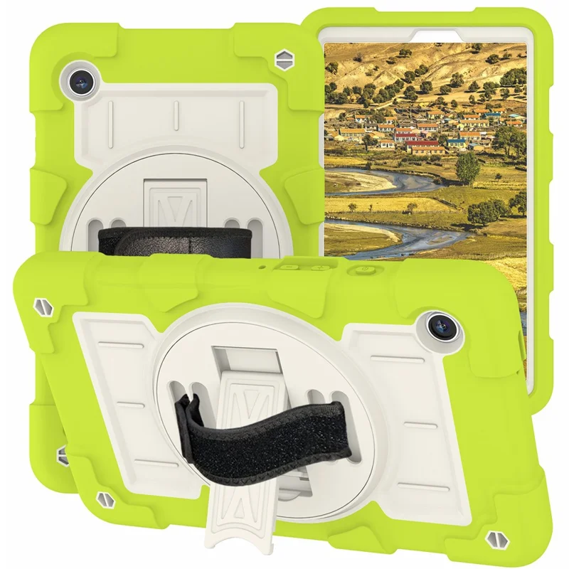 For Samsung Galaxy Tab A9 Case PC+TPU Rotary Hand Band Kickstand Cover with Shoulder Strap - Yellowgreen