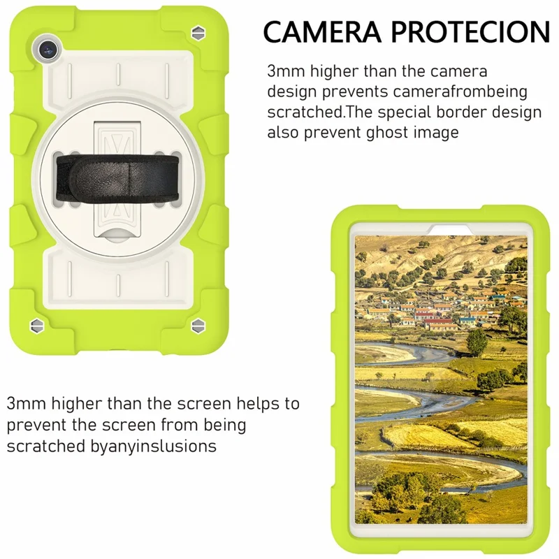 For Samsung Galaxy Tab A9 Case PC+TPU Rotary Hand Band Kickstand Cover with Shoulder Strap - Yellowgreen