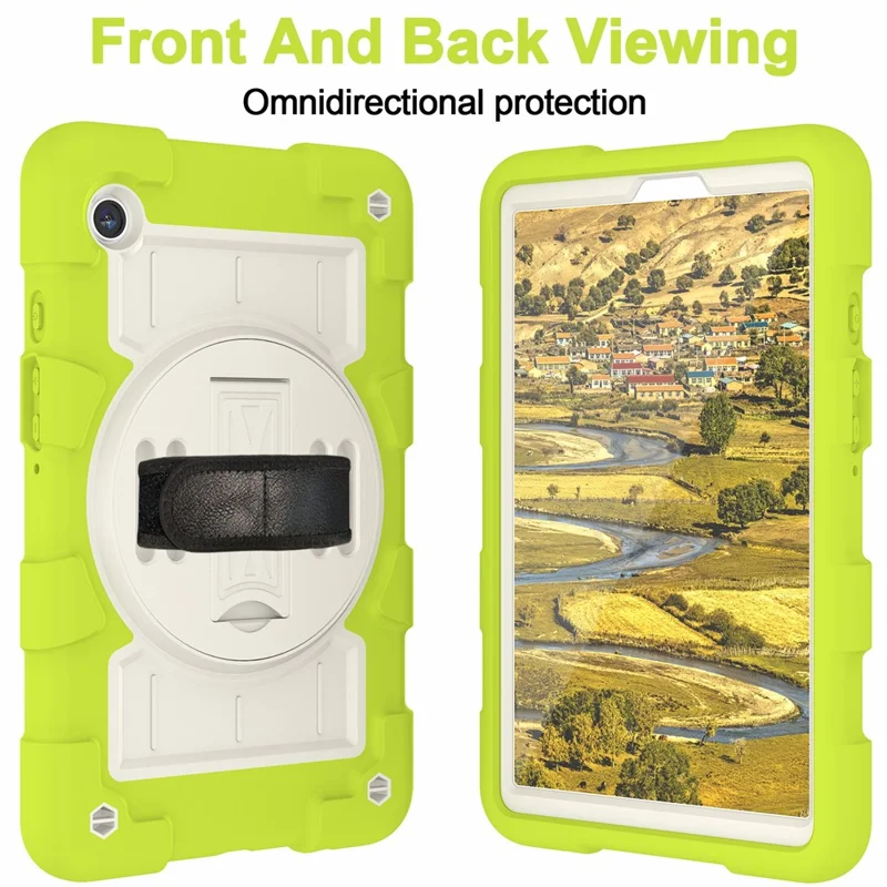 For Samsung Galaxy Tab A9 Case PC+TPU Rotary Hand Band Kickstand Cover with Shoulder Strap - Yellowgreen