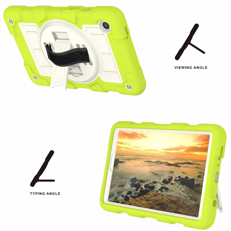 For Samsung Galaxy Tab A9 Case PC+TPU Rotary Hand Band Kickstand Cover with Shoulder Strap - Yellowgreen