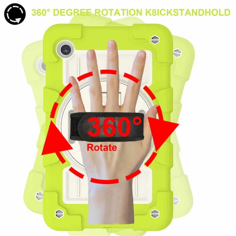 For Samsung Galaxy Tab A9 Case PC+TPU Rotary Hand Band Kickstand Cover with Shoulder Strap - Yellowgreen