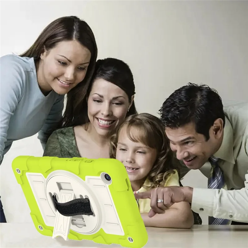 For Samsung Galaxy Tab A9 Case PC+TPU Rotary Hand Band Kickstand Cover with Shoulder Strap - Yellowgreen