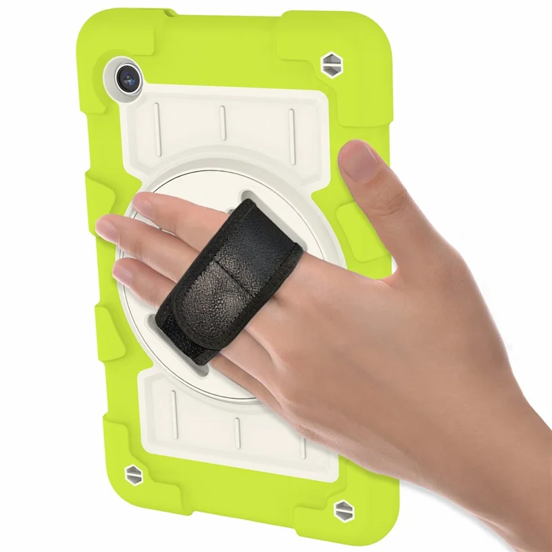 For Samsung Galaxy Tab A9 Case PC+TPU Rotary Hand Band Kickstand Cover with Shoulder Strap - Yellowgreen