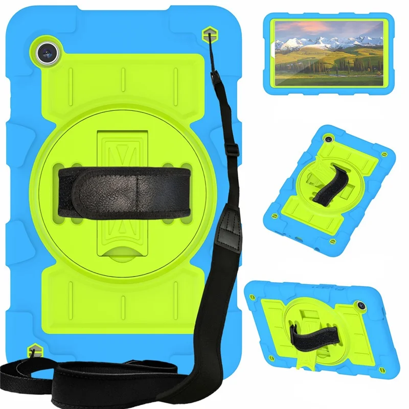 Pour étui Samsung Galaxy Tab A9 Cas PC+TPU Bande rotative à la main Support avec sangle d'épaule - Bleu / Vert