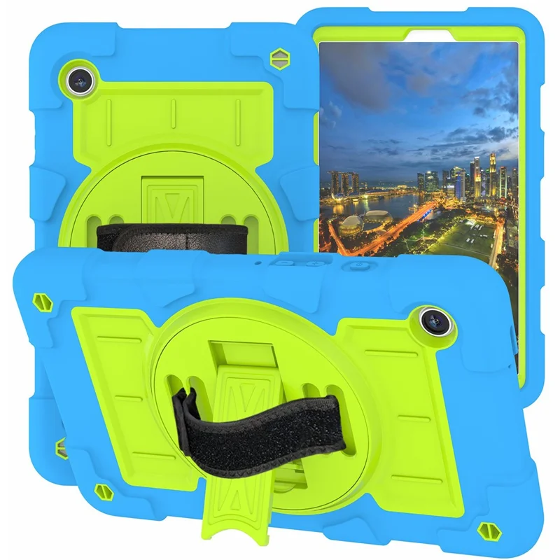 Pour étui Samsung Galaxy Tab A9 Cas PC+TPU Bande rotative à la main Support avec sangle d'épaule - Bleu / Vert