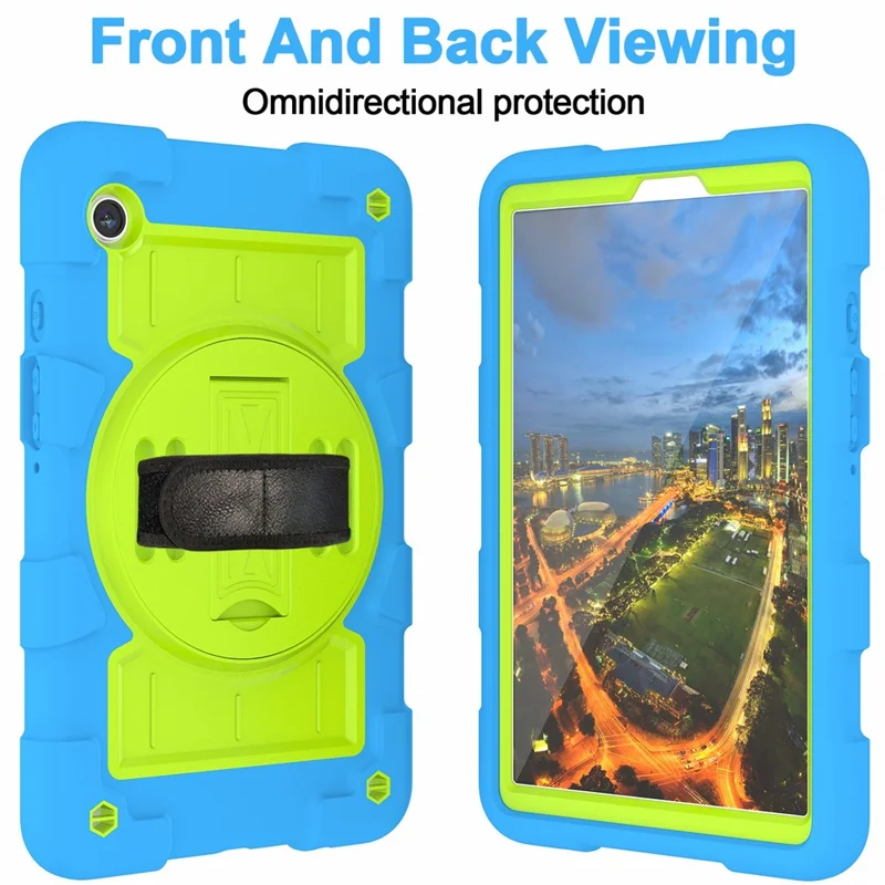 Pour étui Samsung Galaxy Tab A9 Cas PC+TPU Bande rotative à la main Support avec sangle d'épaule - Bleu / Vert