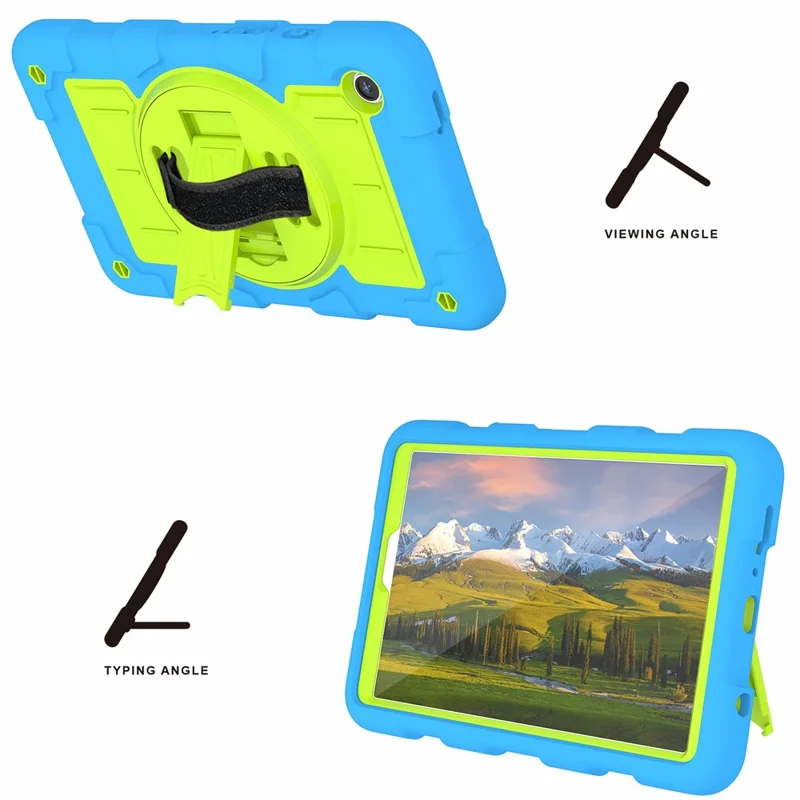 Pour étui Samsung Galaxy Tab A9 Cas PC+TPU Bande rotative à la main Support avec sangle d'épaule - Bleu / Vert