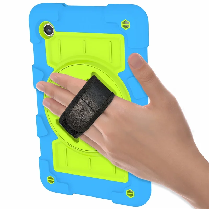 Pour étui Samsung Galaxy Tab A9 Cas PC+TPU Bande rotative à la main Support avec sangle d'épaule - Bleu / Vert