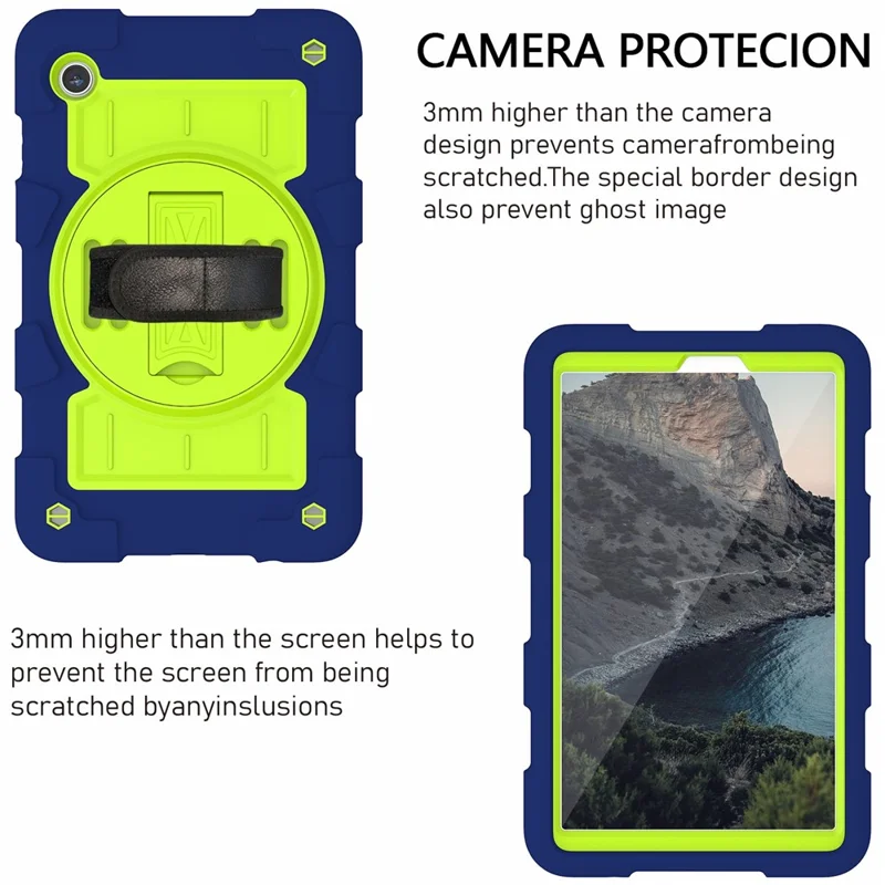 Funda para Samsung Galaxy Tab A9 Caso PC+TPU Banda de Mano Rotatoria Soporte con Correa de Hombro - Azul Marino / Verde