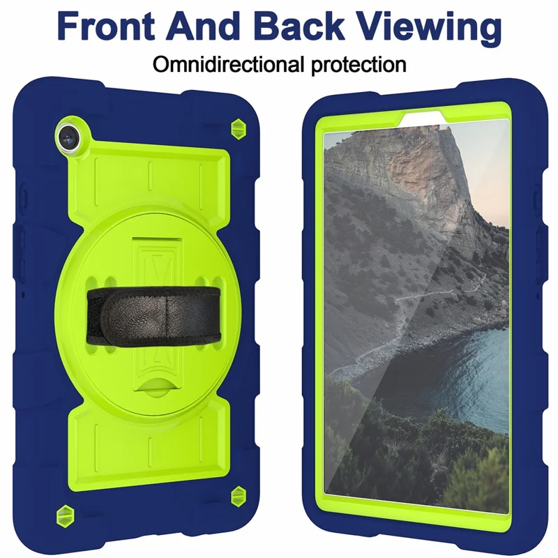 Funda para Samsung Galaxy Tab A9 Caso PC+TPU Banda de Mano Rotatoria Soporte con Correa de Hombro - Azul Marino / Verde