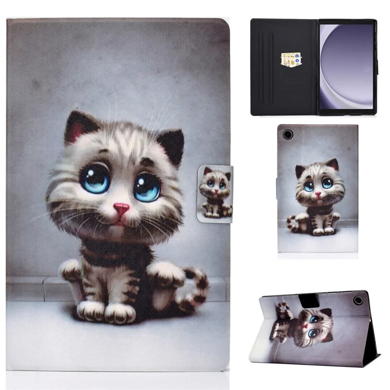 For Samsung Galaxy Tab A11 / A9 Case with Card Holder Anti-Scratch PU+TPU Tablet Cover - Kitten