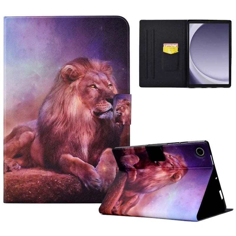 For Samsung Galaxy Tab A11 / A9 Case with Card Holder Anti-Scratch PU+TPU Tablet Cover - Lion