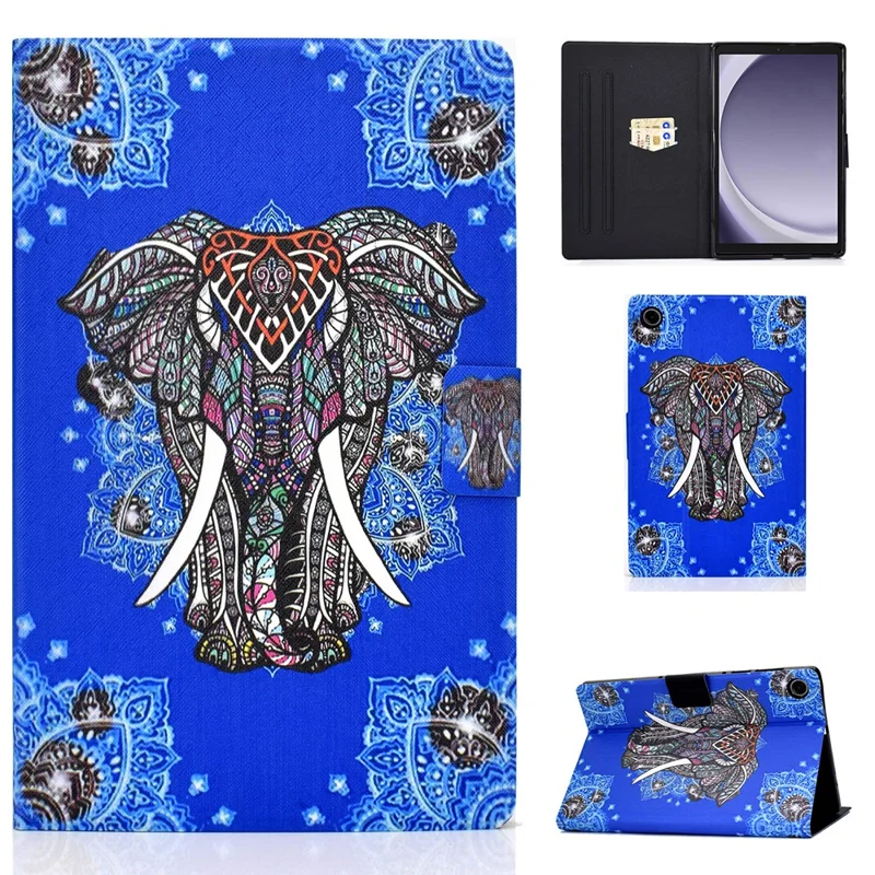 For Samsung Galaxy Tab A11 / A9 Case with Card Holder Anti-Scratch PU+TPU Tablet Cover - Ethnic Elephant