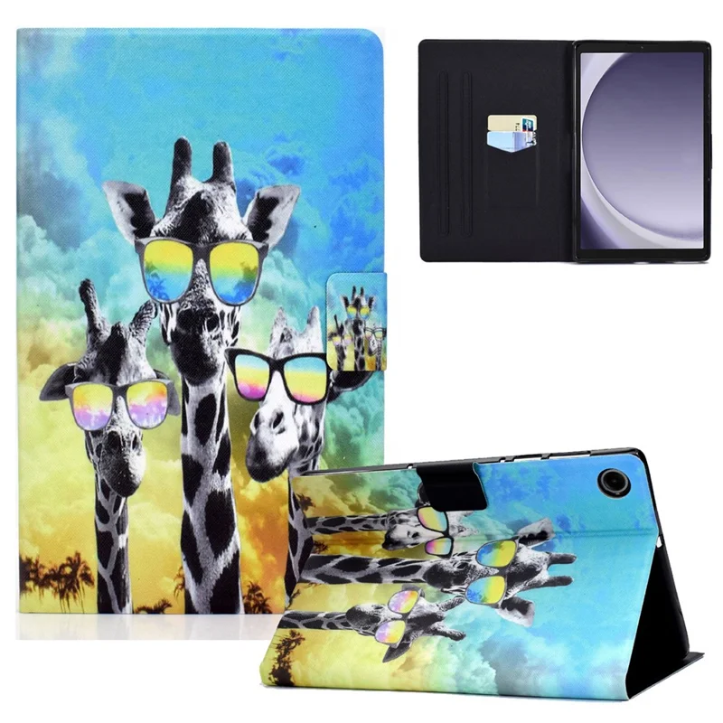 For Samsung Galaxy Tab A11 / A9 Case with Card Holder Anti-Scratch PU+TPU Tablet Cover - Giraffe with Glasses