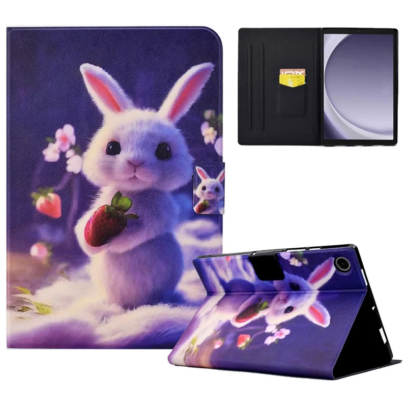 For Samsung Galaxy Tab A11 / A9 Case with Card Holder Anti-Scratch PU+TPU Tablet Cover - Strawberry Bunny