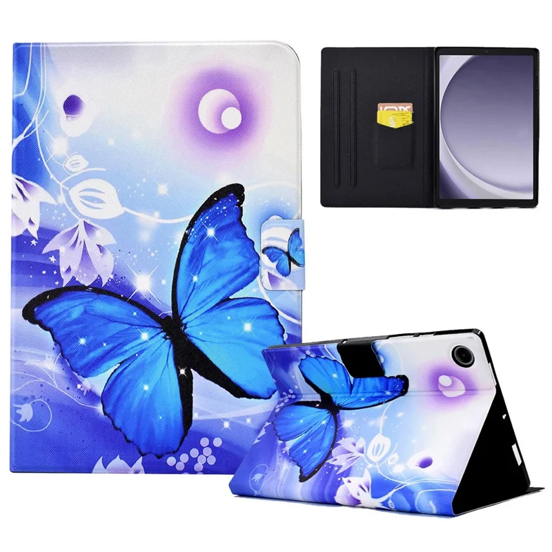 For Samsung Galaxy Tab A11 / A9 Case with Card Holder Anti-Scratch PU+TPU Tablet Cover - Blue Butterfly
