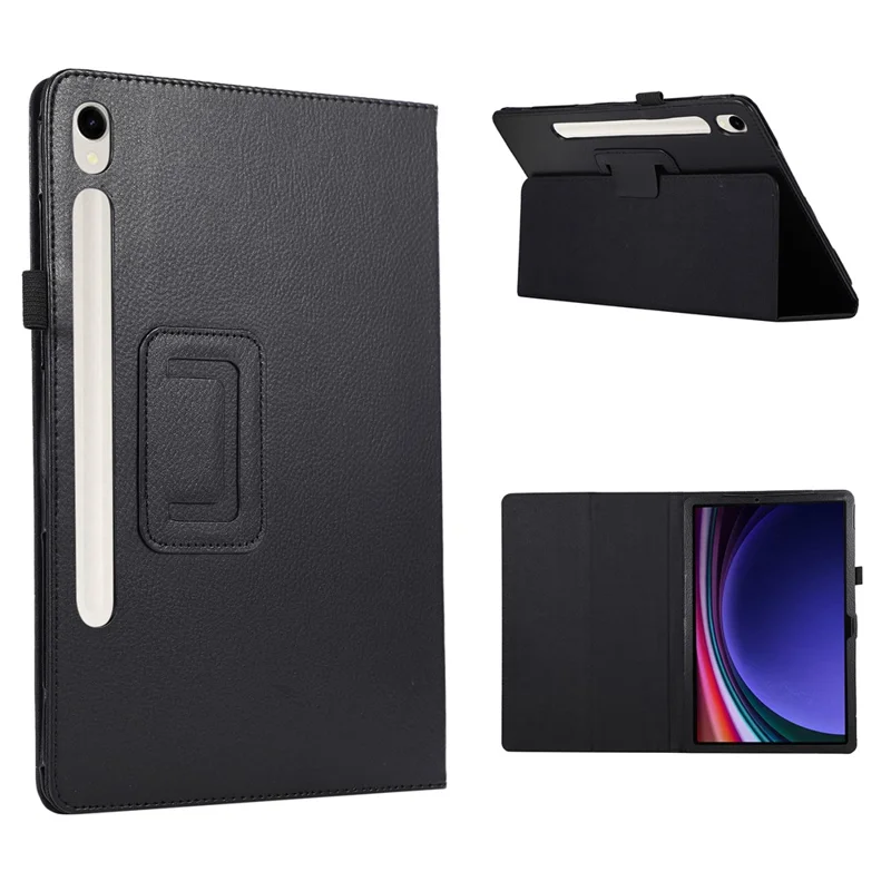 For Samsung Galaxy Tab S9 Leather Case Litchi Texture Bi-fold Stand Tablet Cover - Black