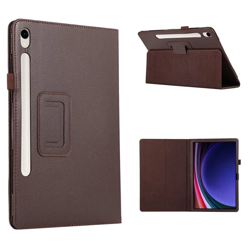 For Samsung Galaxy Tab S9 Leather Case Litchi Texture Bi-fold Stand Tablet Cover - Brown
