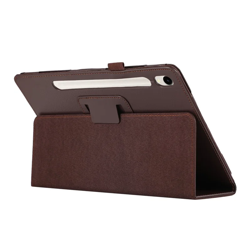 For Samsung Galaxy Tab S9 Leather Case Litchi Texture Bi-fold Stand Tablet Cover - Brown
