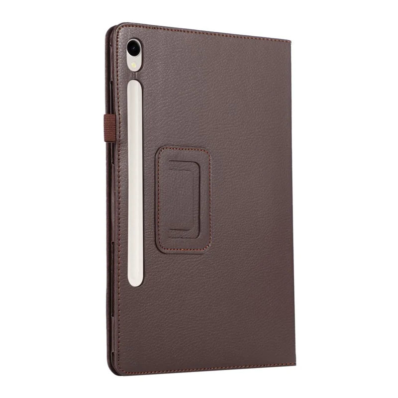 For Samsung Galaxy Tab S9 Leather Case Litchi Texture Bi-fold Stand Tablet Cover - Brown