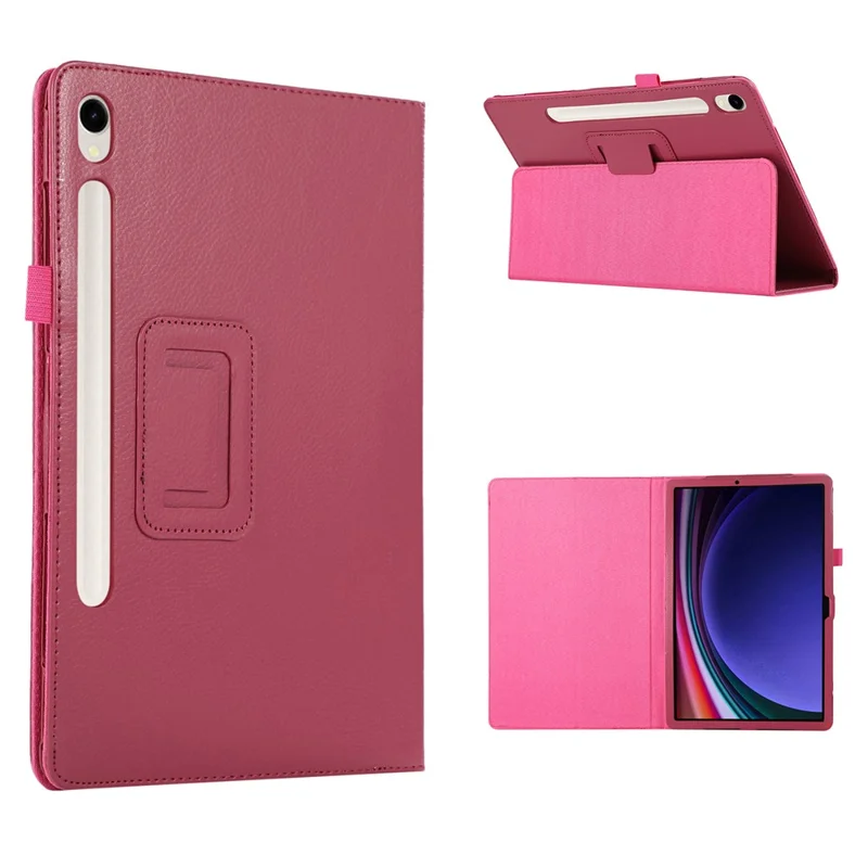 For Samsung Galaxy Tab S9 Leather Case Litchi Texture Bi-fold Stand Tablet Cover - Rose