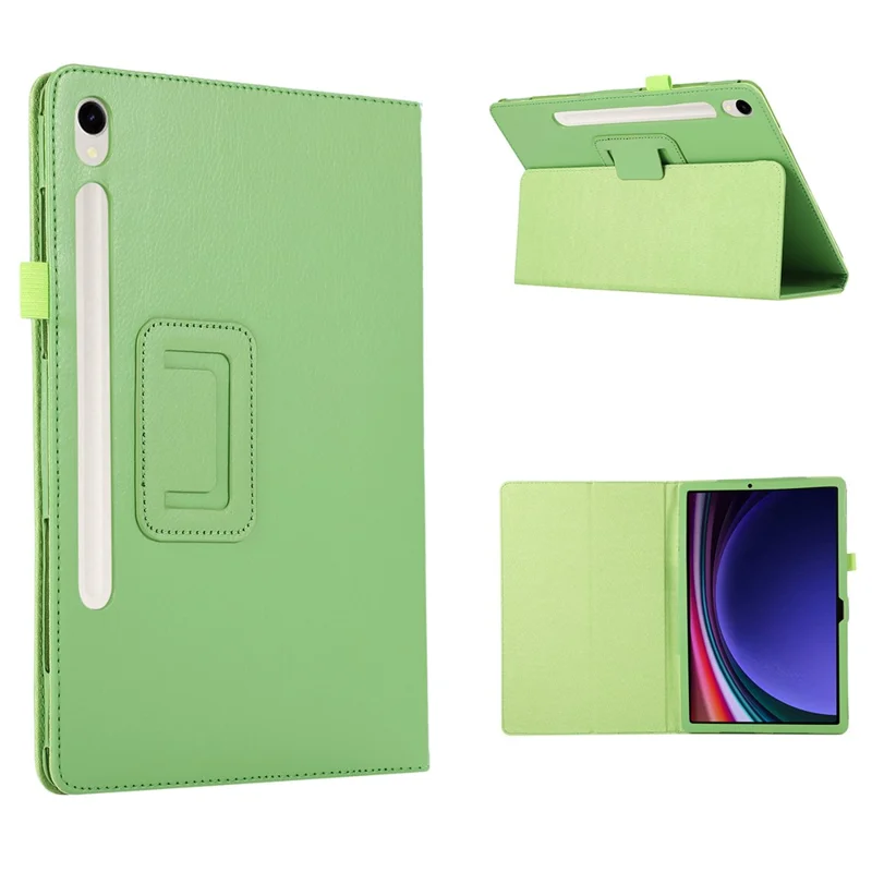 For Samsung Galaxy Tab S9 Leather Case Litchi Texture Bi-fold Stand Tablet Cover - Green