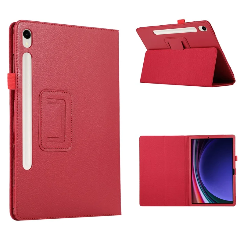 Capa de Couro para Samsung Galaxy Tab S9 - Textura Litchi, Dobrável, Suporte para Tablet - Vermelha