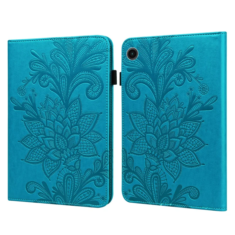 For Samsung Galaxy Tab A11 / A9 Leather Case Flower Imprint Tablet Wallet Cover - Blue