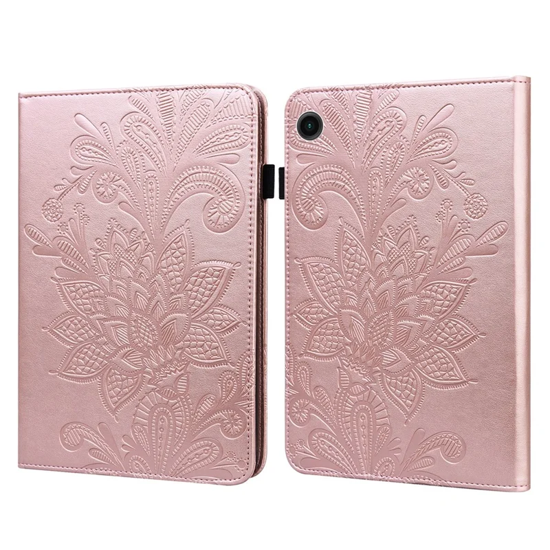 For Samsung Galaxy Tab A11 / A9 Leather Case Flower Imprint Tablet Wallet Cover - Rose Gold