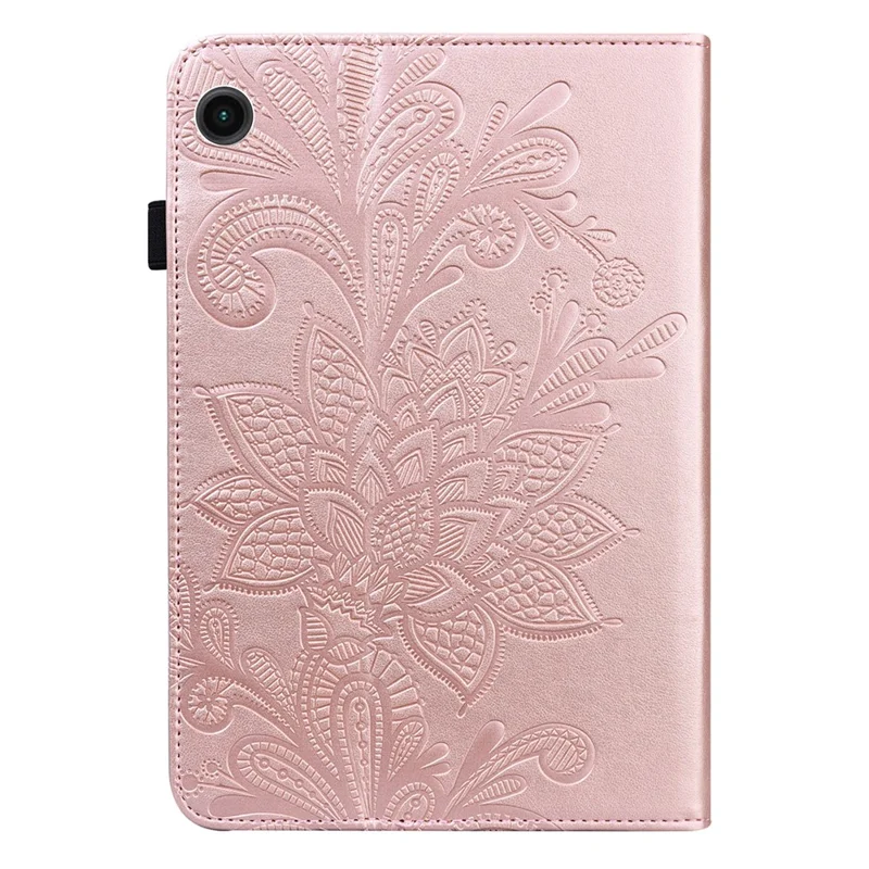 For Samsung Galaxy Tab A11 / A9 Leather Case Flower Imprint Tablet Wallet Cover - Rose Gold