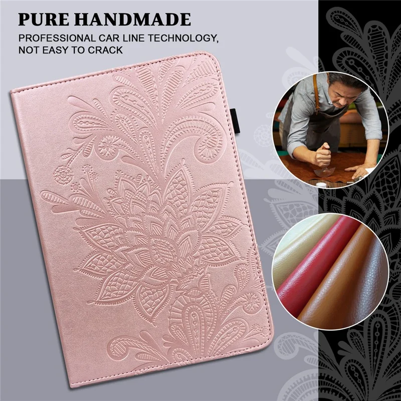 For Samsung Galaxy Tab A11 / A9 Leather Case Flower Imprint Tablet Wallet Cover - Rose Gold