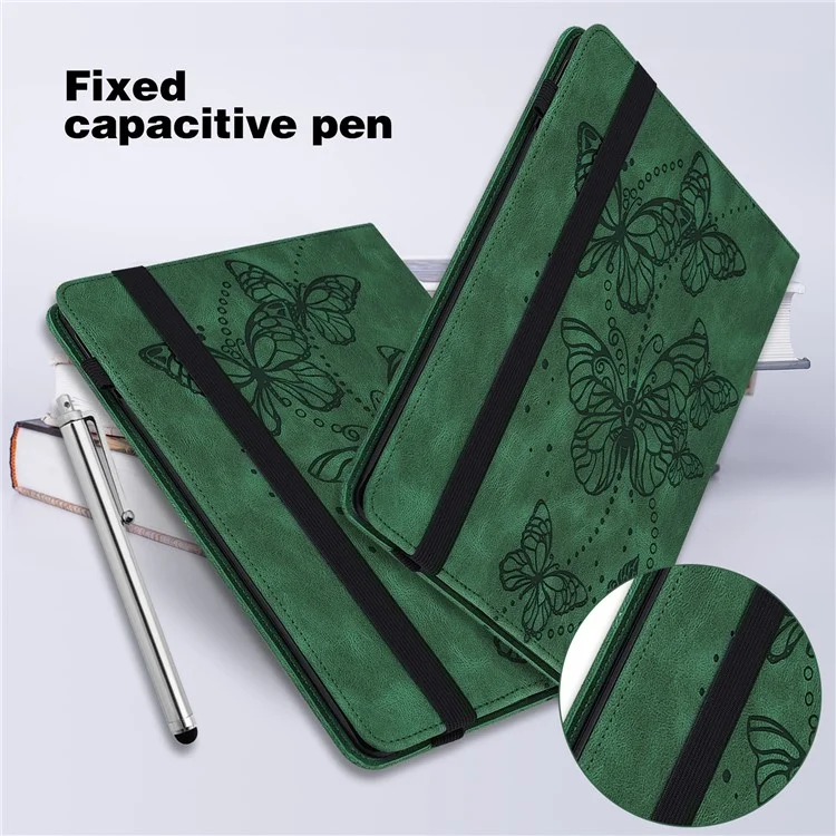For Samsung Galaxy Tab A9+ Case Leather Card Holder Butterfly Imprinted Tablet Cover - Green