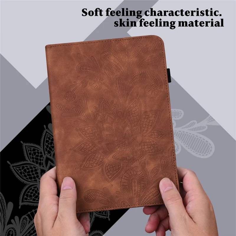 For Samsung Galaxy Tab S9 Case Flower Imprinted PU Leather Tablet Stand Cover - Brown