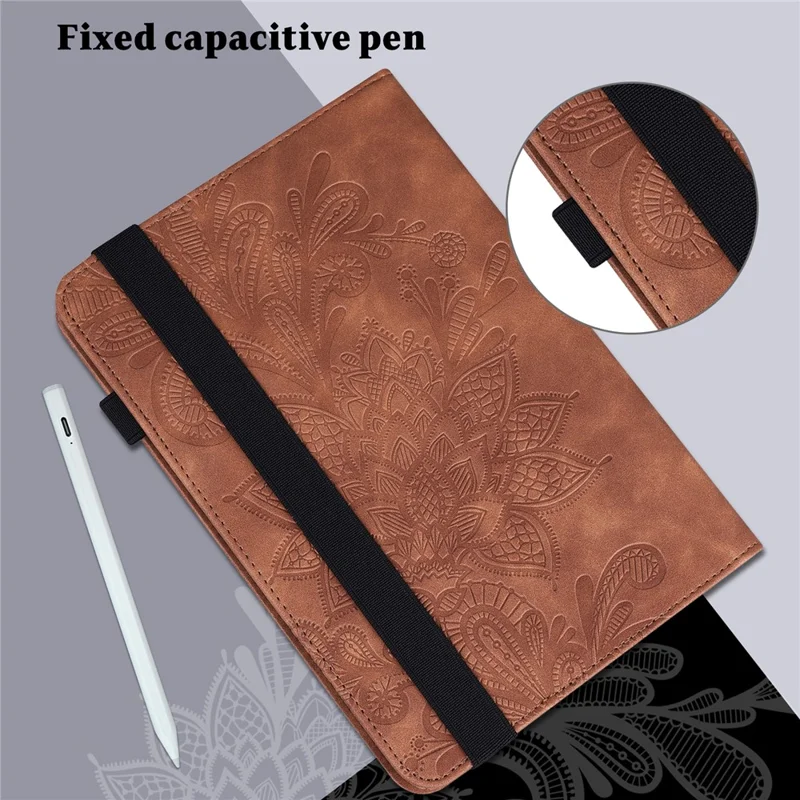 For Samsung Galaxy Tab S9 Case Flower Imprinted PU Leather Tablet Stand Cover - Brown