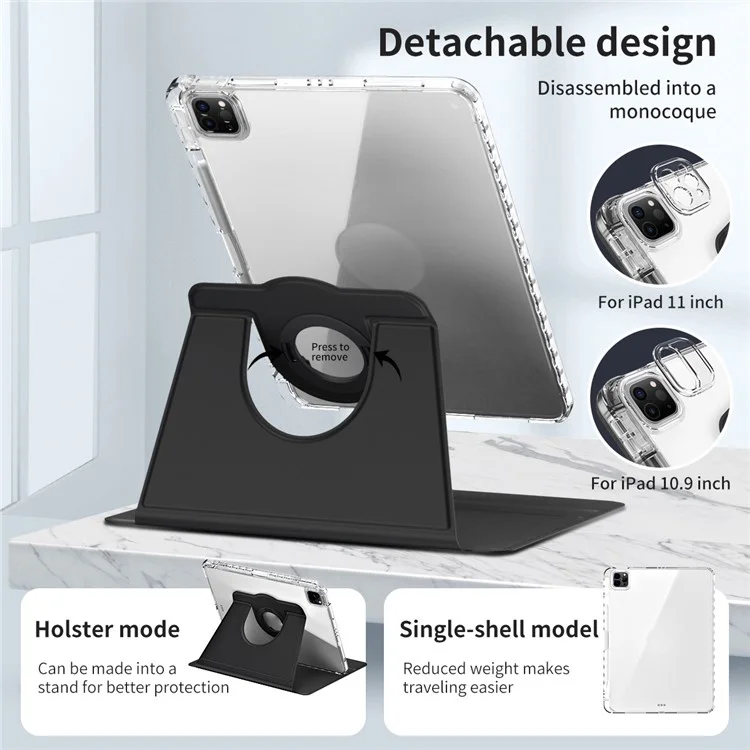 Para iPad Pro 11 (2020) / (2021) / (2022) / iPad Air 11 (2024) / Air (2022) / (2020) Case PU+Acrylic Kickstand Tablet Cover - Preto