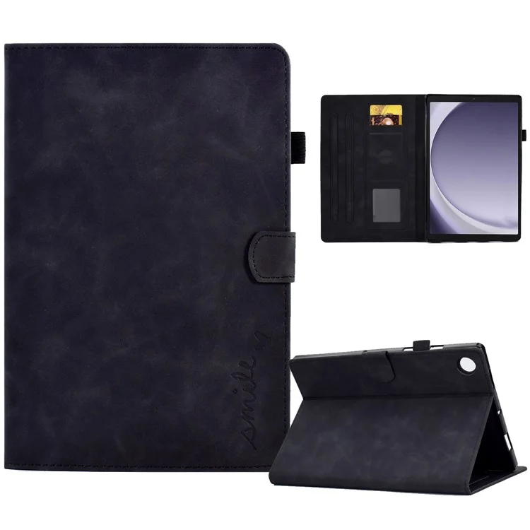For Samsung Galaxy Tab A9 Smile Imprinted Case Microfiber Leather Card Holder Smart Tablet Cover - Black